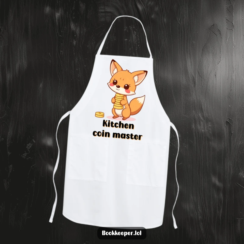 Funny Fox Apron: A playful character balancing a stack of bouncing coins on its nose, ready for kitchen fun and playful cooking.