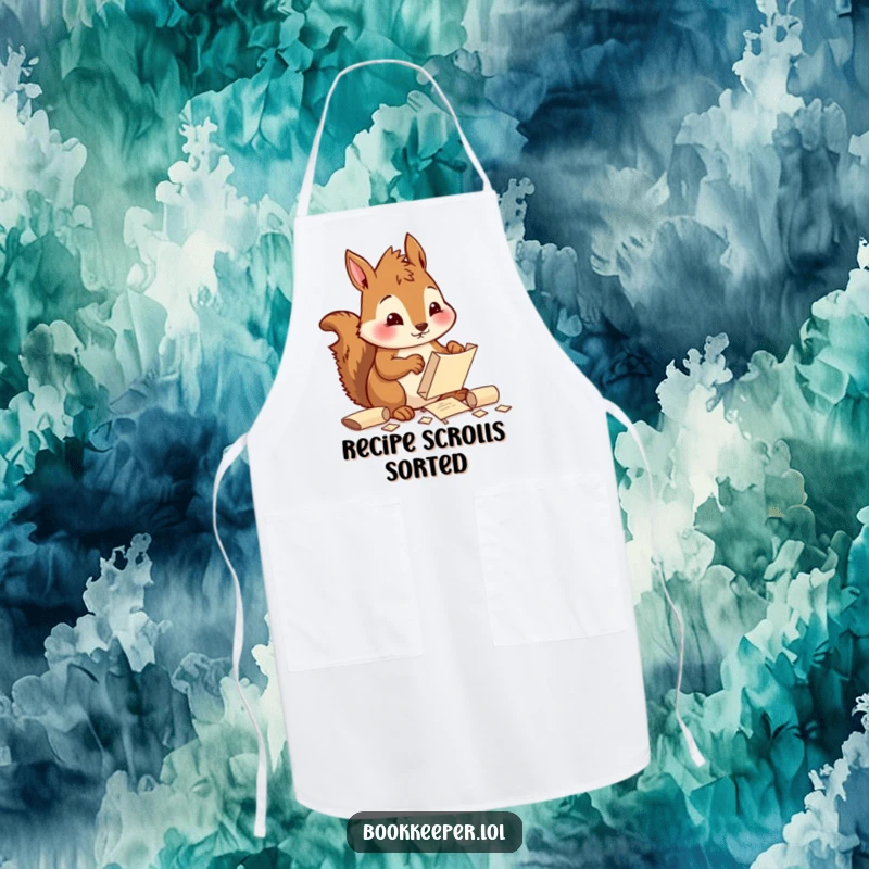 Funny Squirrel Apron: A diligent character sorting and filing tiny scrolls with a focused, cheerful expression, ready for kitchen organization.