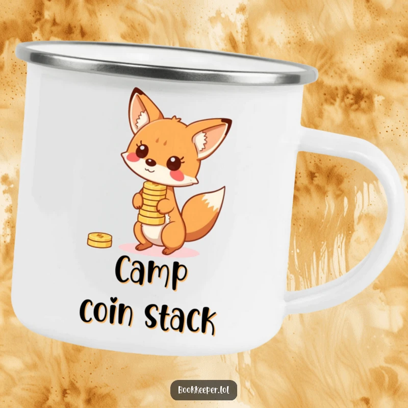 Funny Fox Camping Mug: A playful character balancing a stack of bouncing coins on its nose, perfect for outdoor fun and drinks.