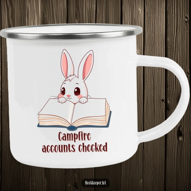 Funny Rabbit Camping Mug: A curious character peering into a giant, open ledger book with wide eyes, perfect for outdoor exploration.