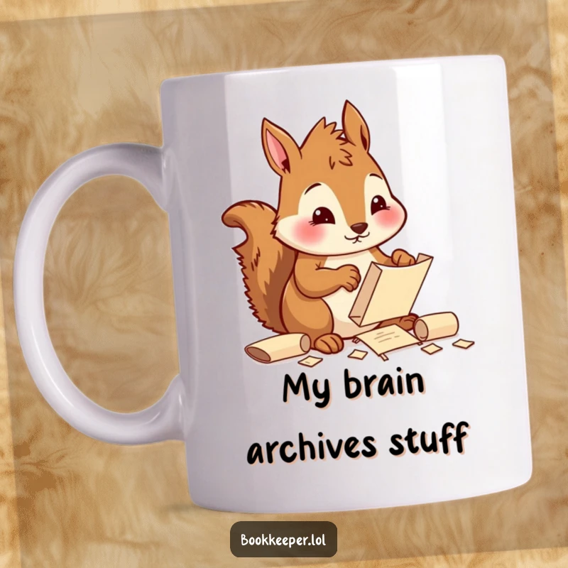 Funny Squirrel Mug: A diligent character sorting and filing tiny scrolls with a focused, cheerful expression, embodying organized productivity.