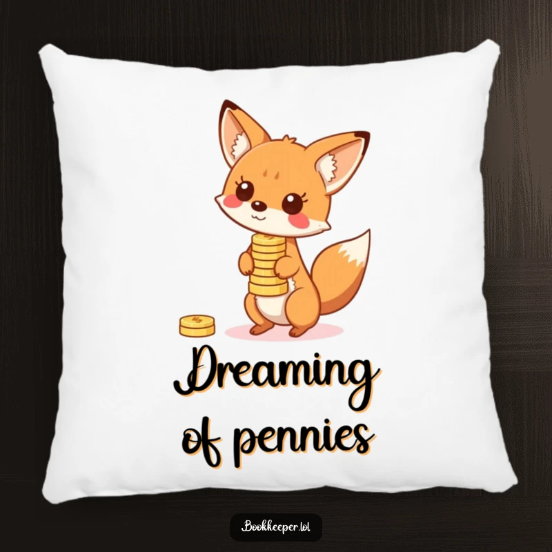 Funny Fox Pillow: A playful character balancing a stack of bouncing coins on its nose, offering plush comfort and playful vibes.