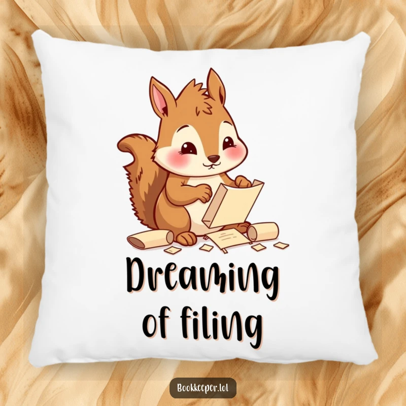 Funny Squirrel Pillow: A diligent character sorting and filing tiny scrolls with a focused, cheerful expression, offering plush, organized comfort.