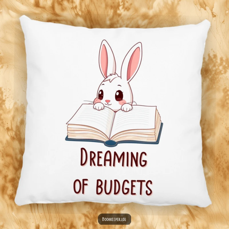 Funny Rabbit Pillow: A curious character peering into a giant, open ledger book with wide eyes, offering plush comfort and wonder.