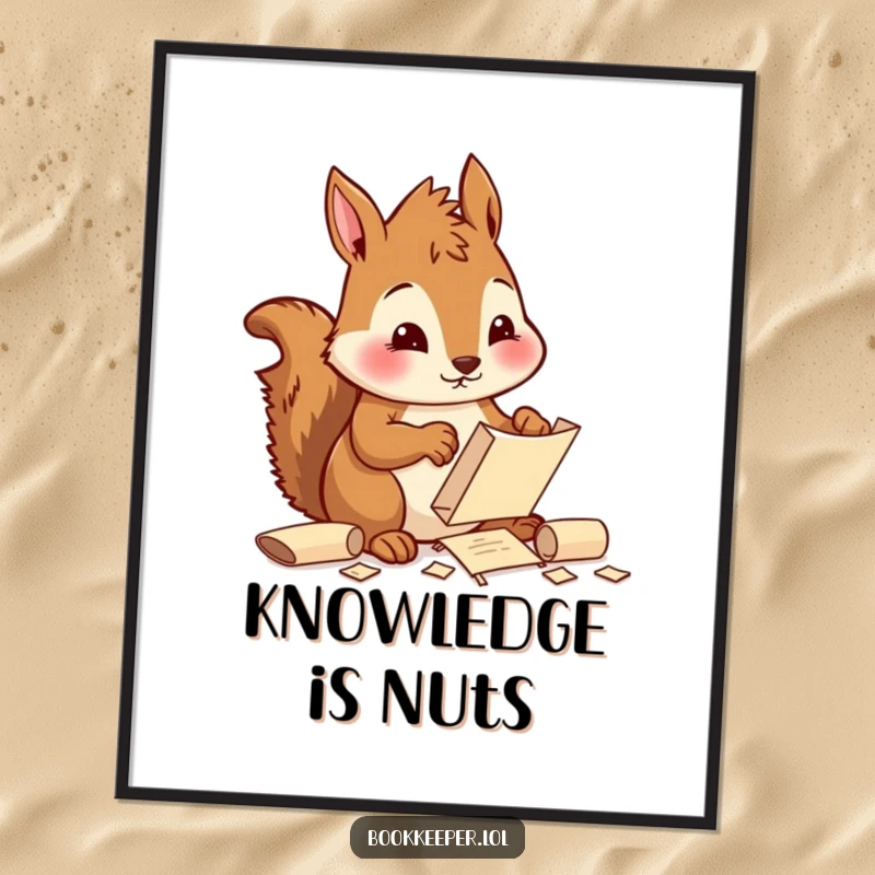 Funny Squirrel Digital Art Print: A diligent character sorting and filing tiny scrolls with a focused, cheerful expression, perfect for organized decor.