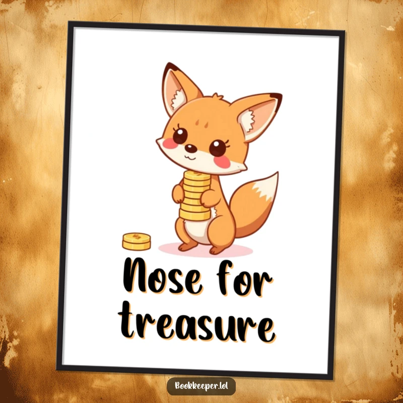 Funny Fox Digital Art Print: A playful character balancing a stack of bouncing coins on its nose, perfect for playful wall decor.