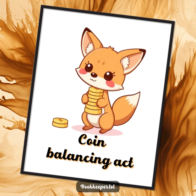 Funny Fox Poster: A playful character balancing a stack of bouncing coins on its nose, perfect for adding playful charm.