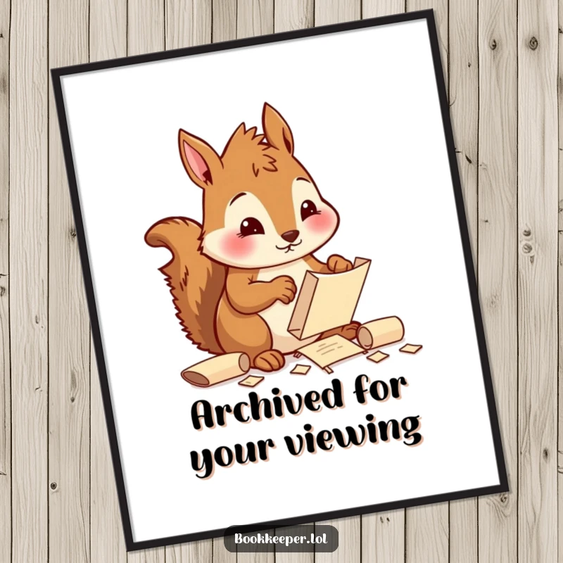 Funny Squirrel Poster: A diligent character sorting and filing tiny scrolls with a focused, cheerful expression, ideal for inspiring organization.