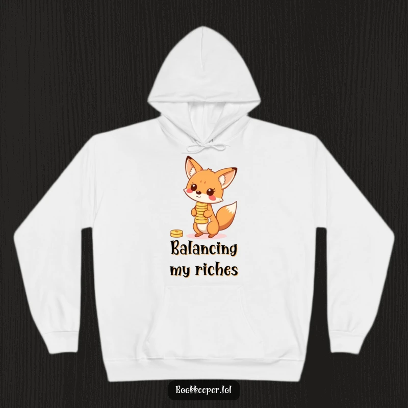 Funny Fox Hoodie: A playful character balancing a stack of bouncing coins on its nose, perfect for cozy, witty comfort.