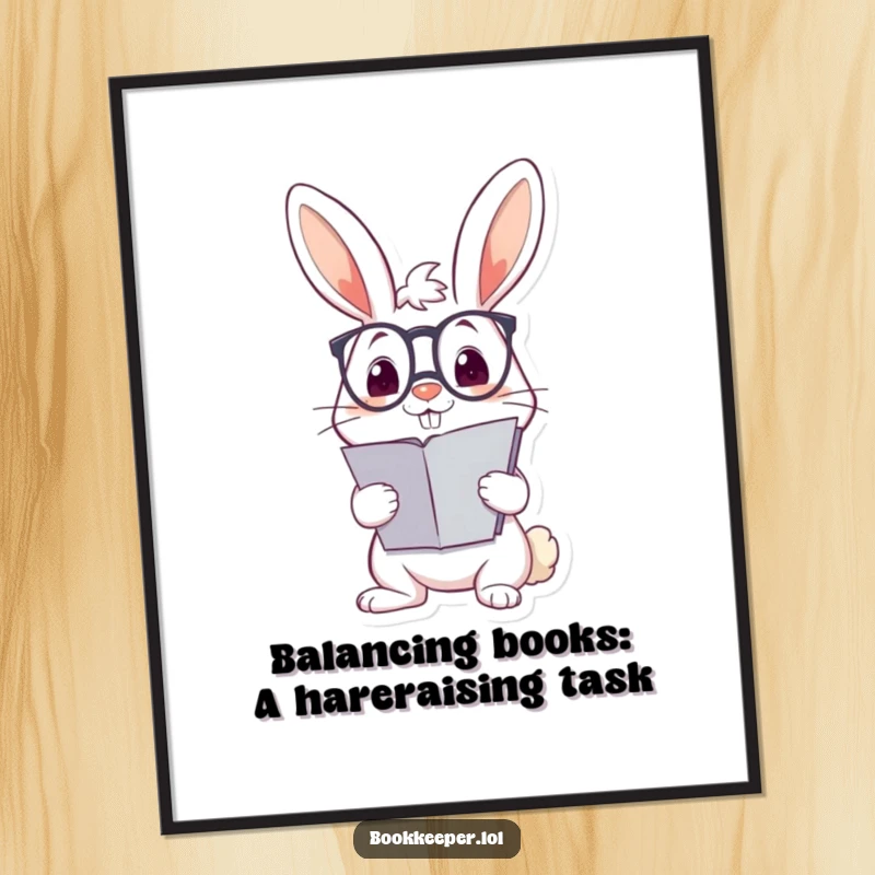 Funny Free Printable Wall Art: A cheerful rabbit wearing glasses balances a large ledger on its nose, comical intellect decor.