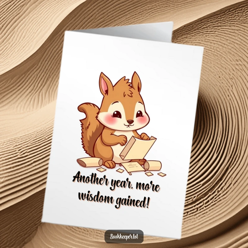 Funny Free Printable Birthday Card: A diligent squirrel character smiling while sorting tiny scrolls, perfect for a busy birthday.