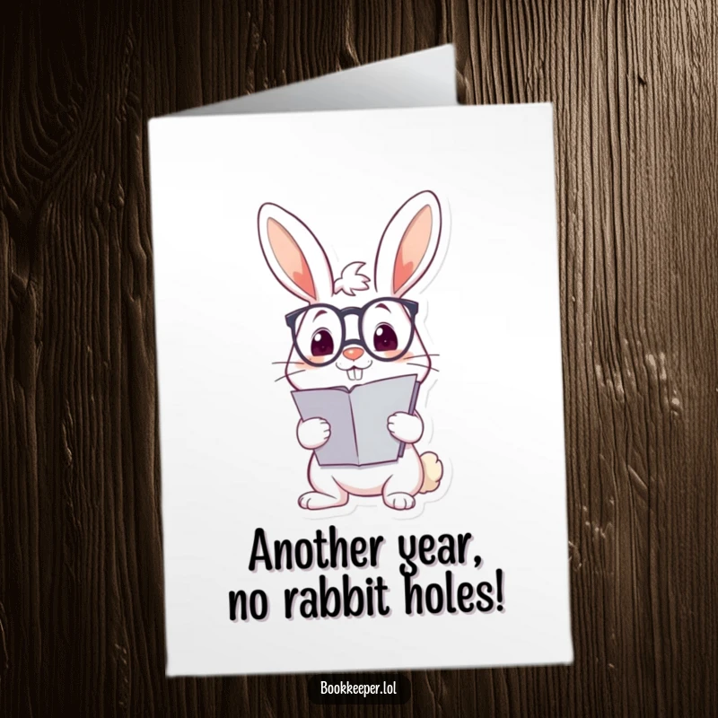 Funny Free Printable Birthday Card: Cheerful rabbit wearing spectacles, balancing a large ledger on nose, comical birthday wish.