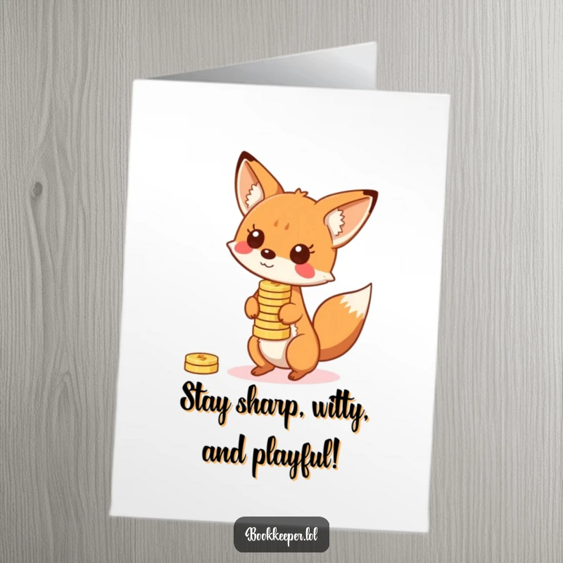 Funny Free Printable Birthday Card: A playful fox character expertly balancing bouncing coins on its nose, celebrating merrily.