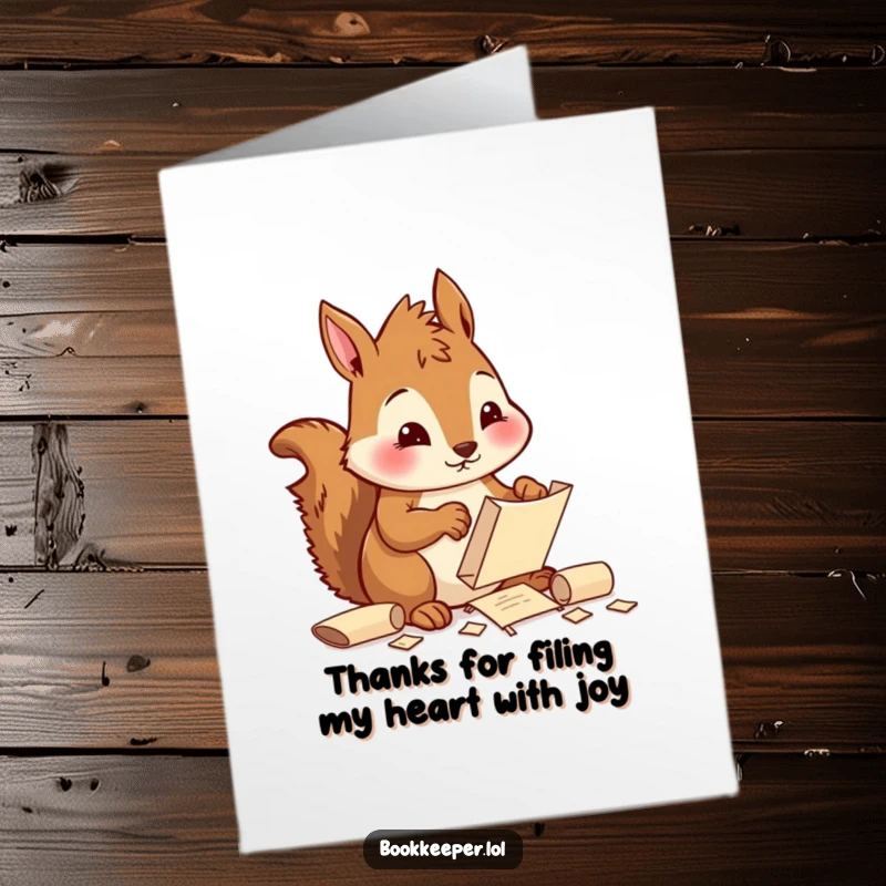 Funny Free Printable Thank You Card: A diligent squirrel character sorting tiny scrolls with a cheerful focus, expressing thanks.