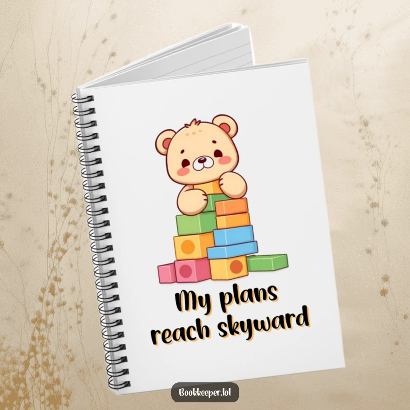 Funny Bear Cub Notebook: A happy character meticulously stacking colorful blocks into a tall tower, inspiring creative thoughts and organized notes.
