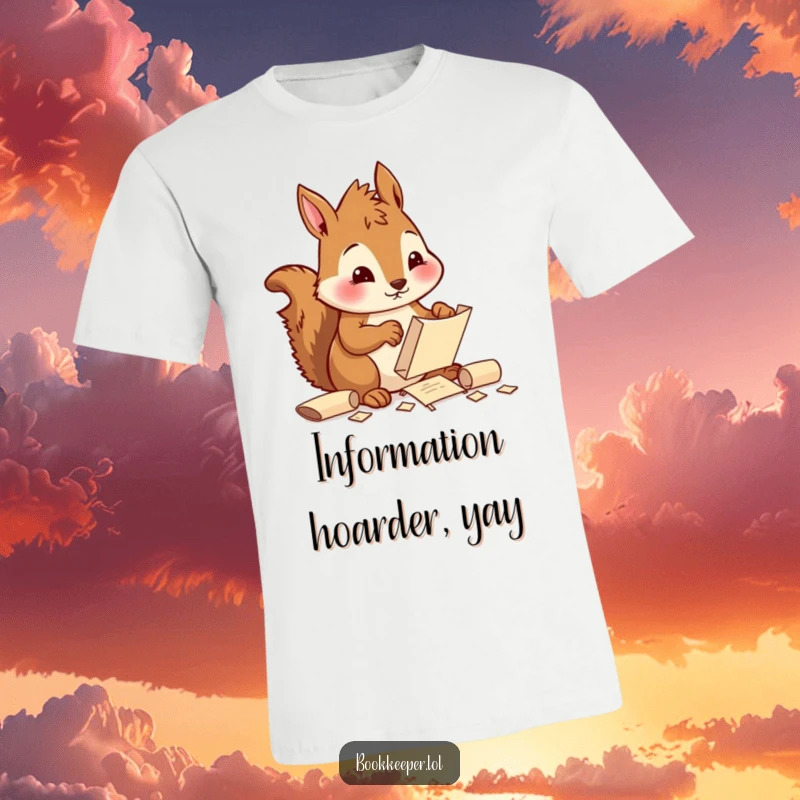 Funny Squirrel T-Shirt: A diligent character sorting and filing tiny scrolls with a focused, cheerful expression, perfect for organized humor.
