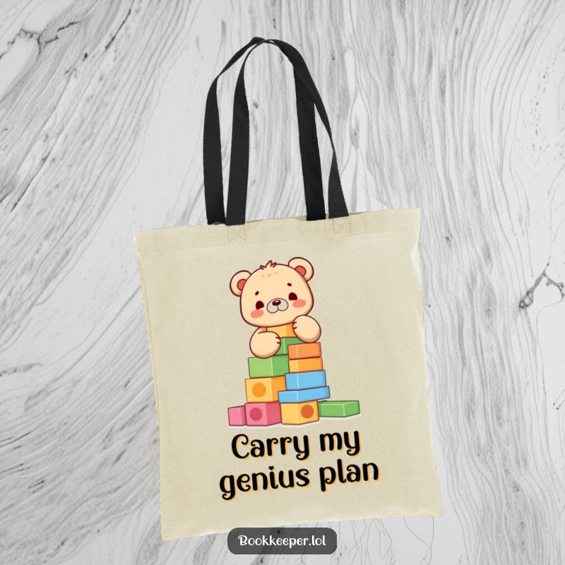Funny Bear Cub Tote Bag: A happy character meticulously stacking colorful blocks into a tall tower, showcasing playful dedication and charm.