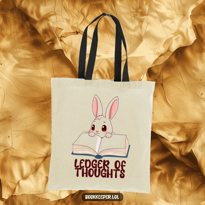 Funny Rabbit Tote Bag: A curious character peering into a giant, open ledger book with wide eyes, perfect for carrying discoveries.